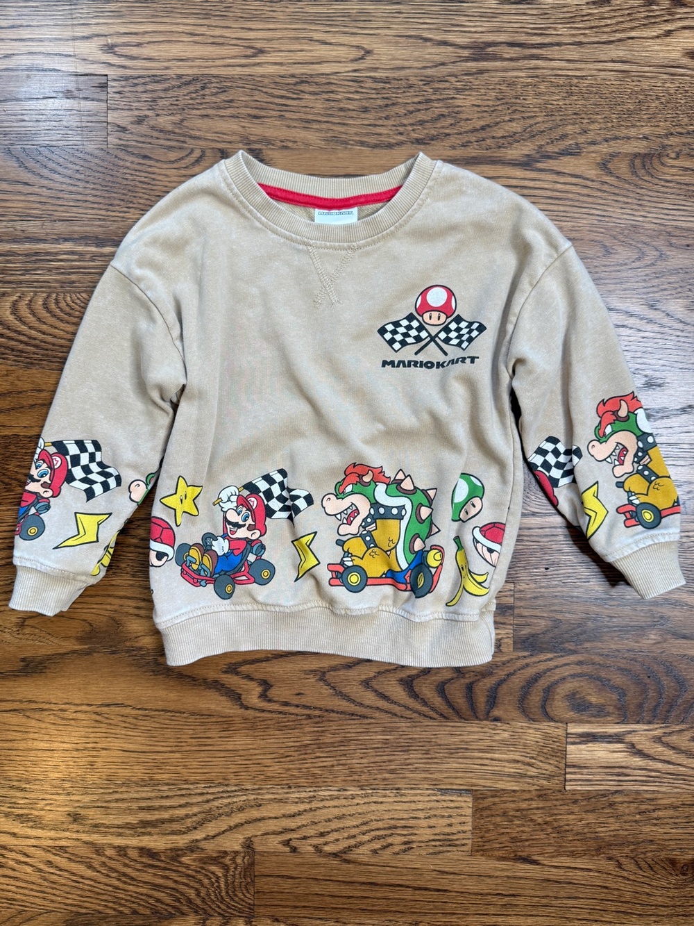 Mario Kart Beige Kids Sweatshirt w/ Colorful Character Racing Graphic Print Sz 3